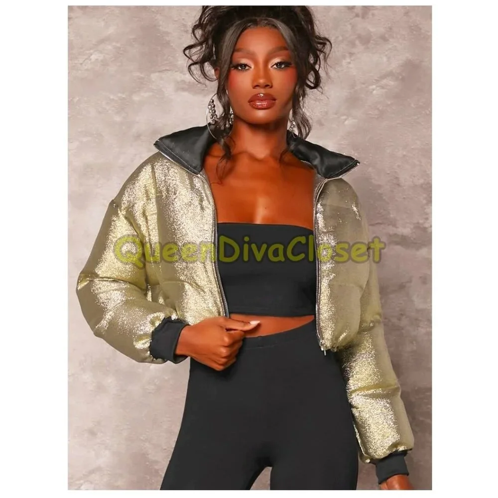 New BAE Metallic Gold Panel Zipper Up Crop Puff Puffer Coat Jacket L 8/10 - Picture 3 of 6